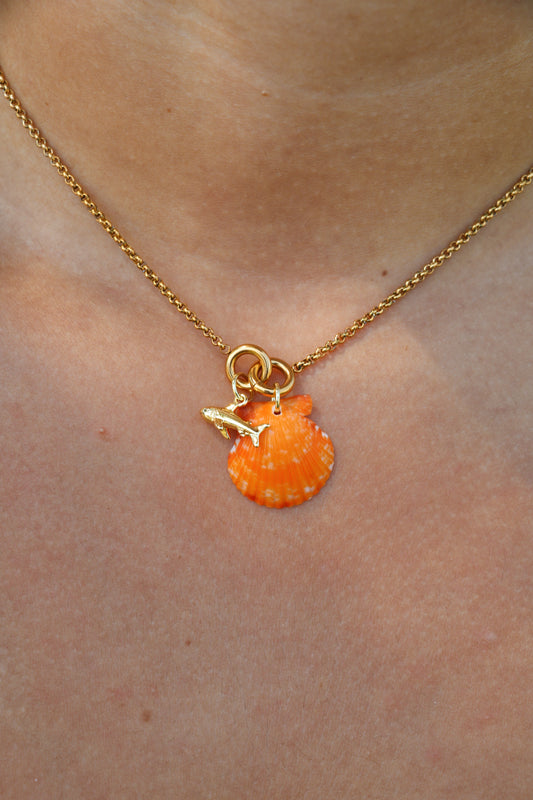 Gold Siesta Orange Calico Shell Shark Necklace