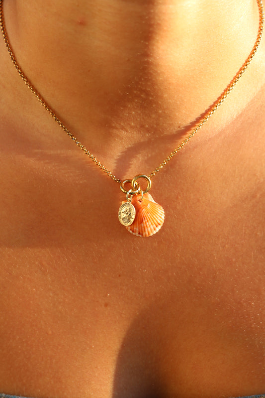 Gold Orange Calico Shell St. Christopher Charm Necklace