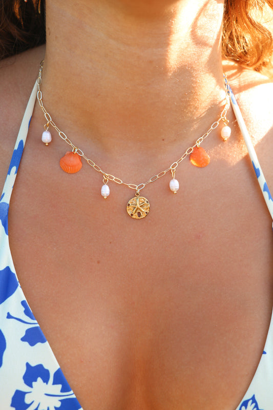 Only One Available- Gold Sand Dollar Orange Calico Shell Charm Necklace