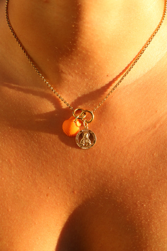 Gold Calico Shell Jesus Medallion Necklace