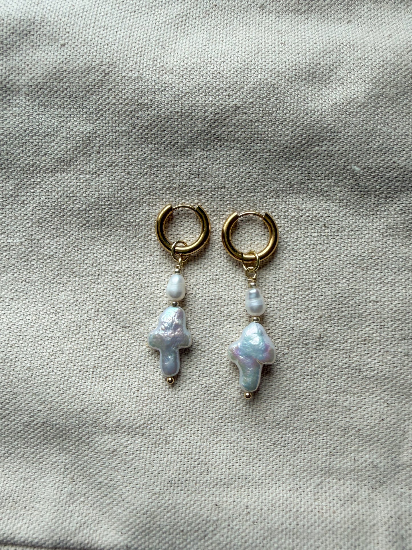 Gold Pearl Cross Mini Hoops