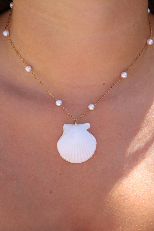 The Sanibel Gold Pearl Beaded White Calico Shell Necklace