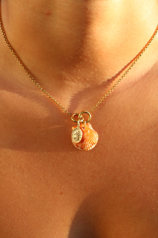 Gold Orange Calico Shell St. Christopher Charm Necklace