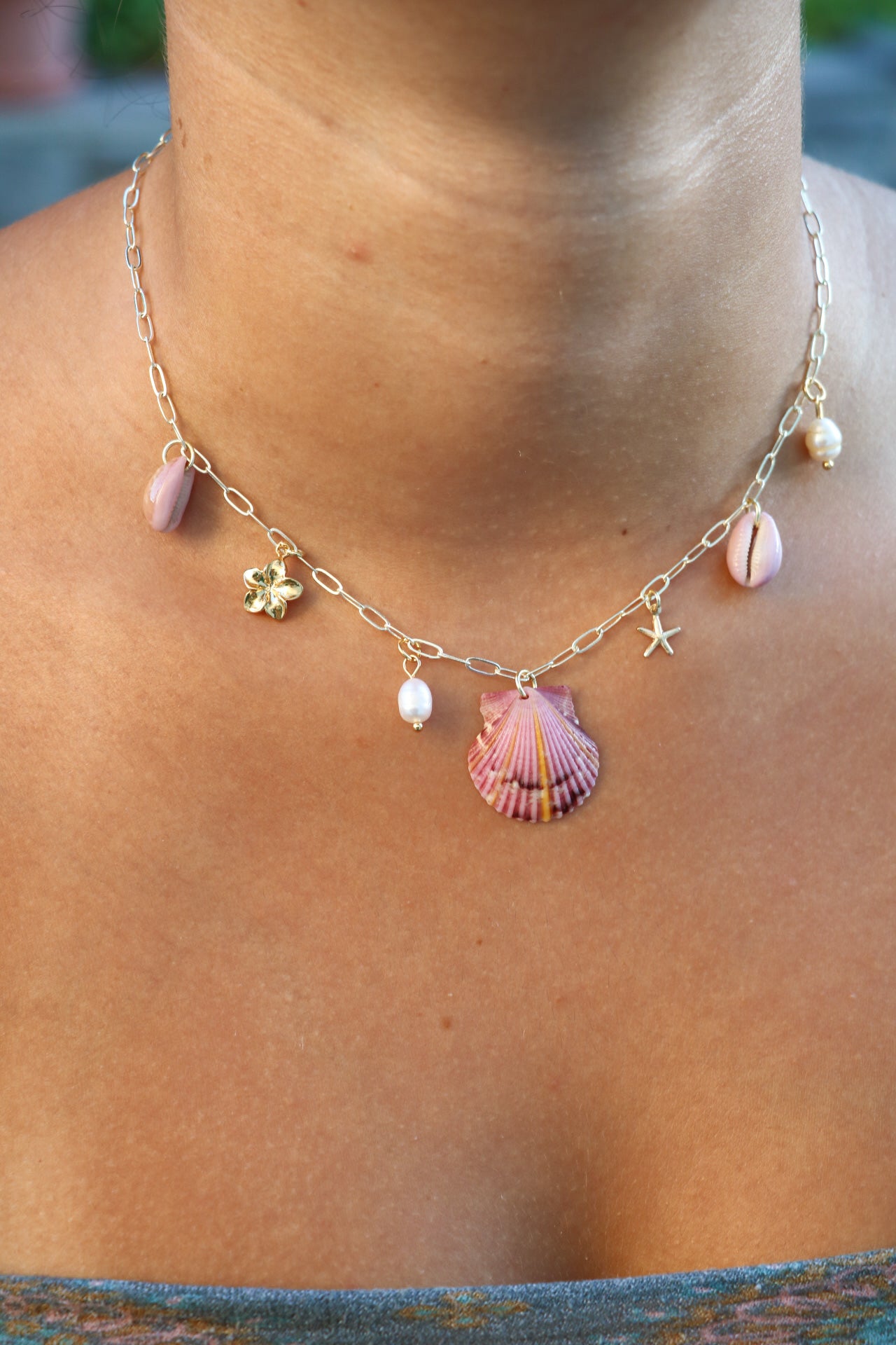 Only One Available- Sunburst Calico Shell Gold Charm Necklace