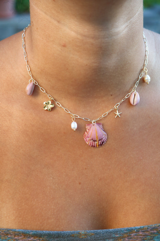 Only One Available- Sunburst Calico Shell Gold Charm Necklace