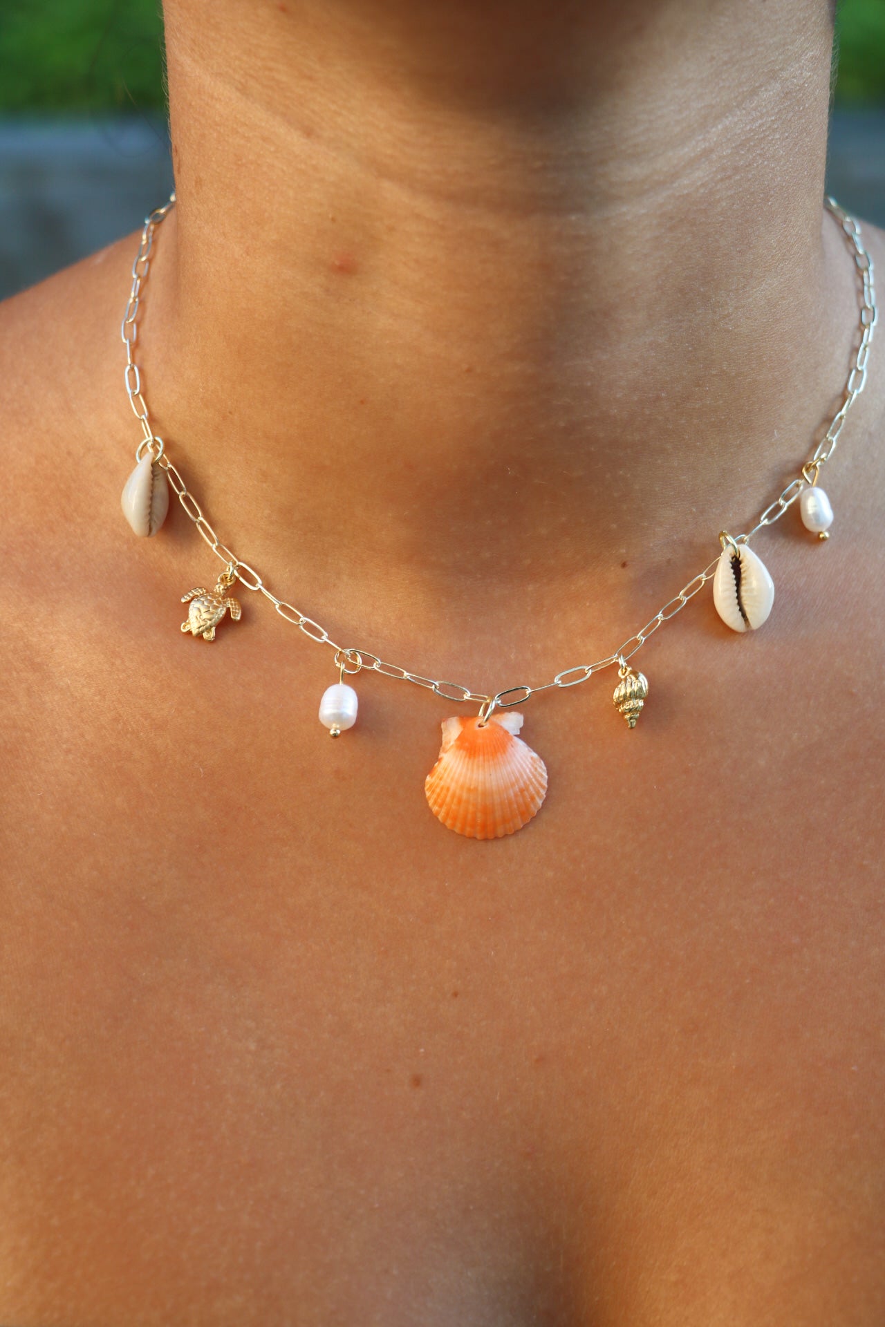 Only one available- Orange Calico Shell Gold Charm Necklace