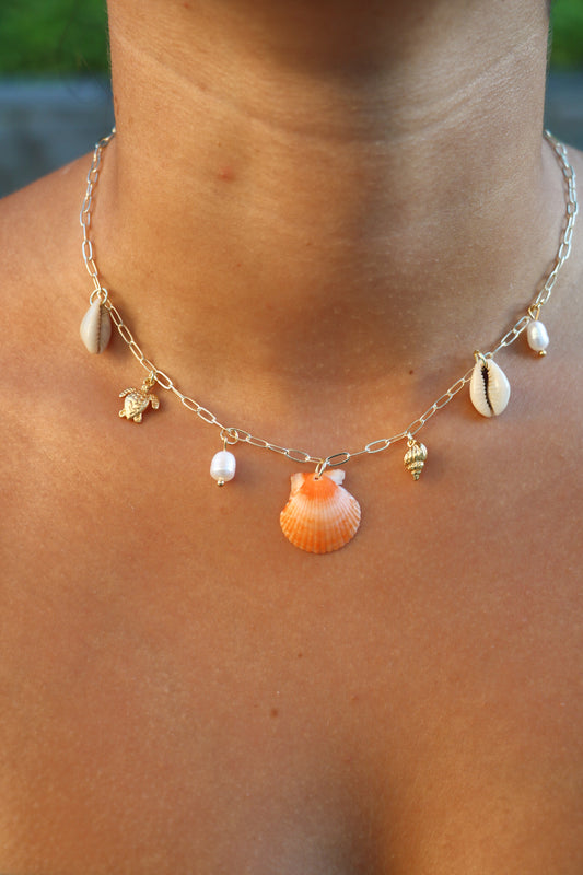 Only one available- Orange Calico Shell Gold Charm Necklace