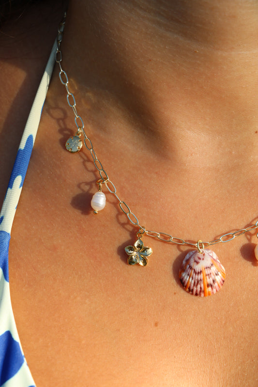 Only One Available- Gold Sun Rays Calico Shell Charm Necklace