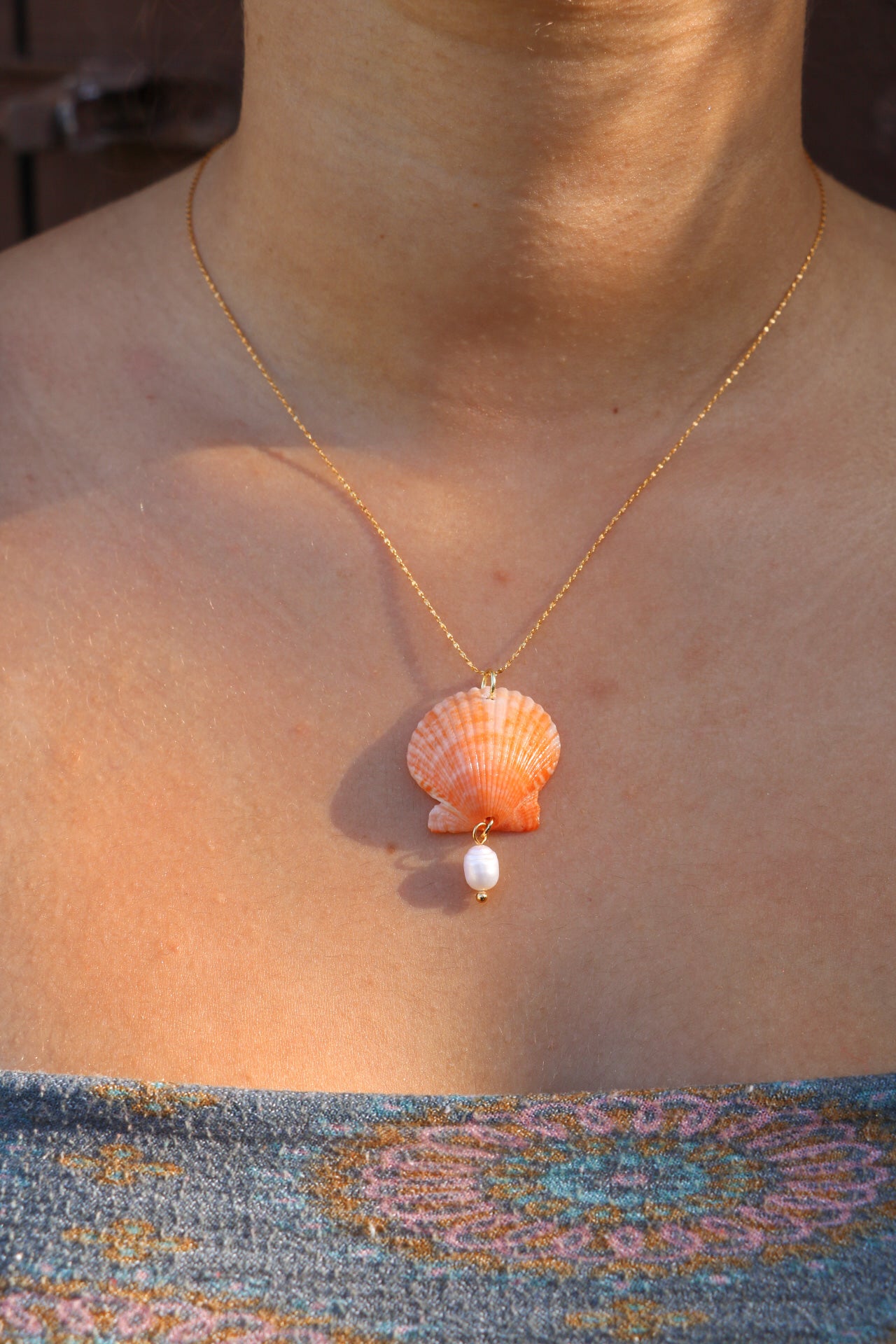 Orange Calico Shell Gold Necklace #3