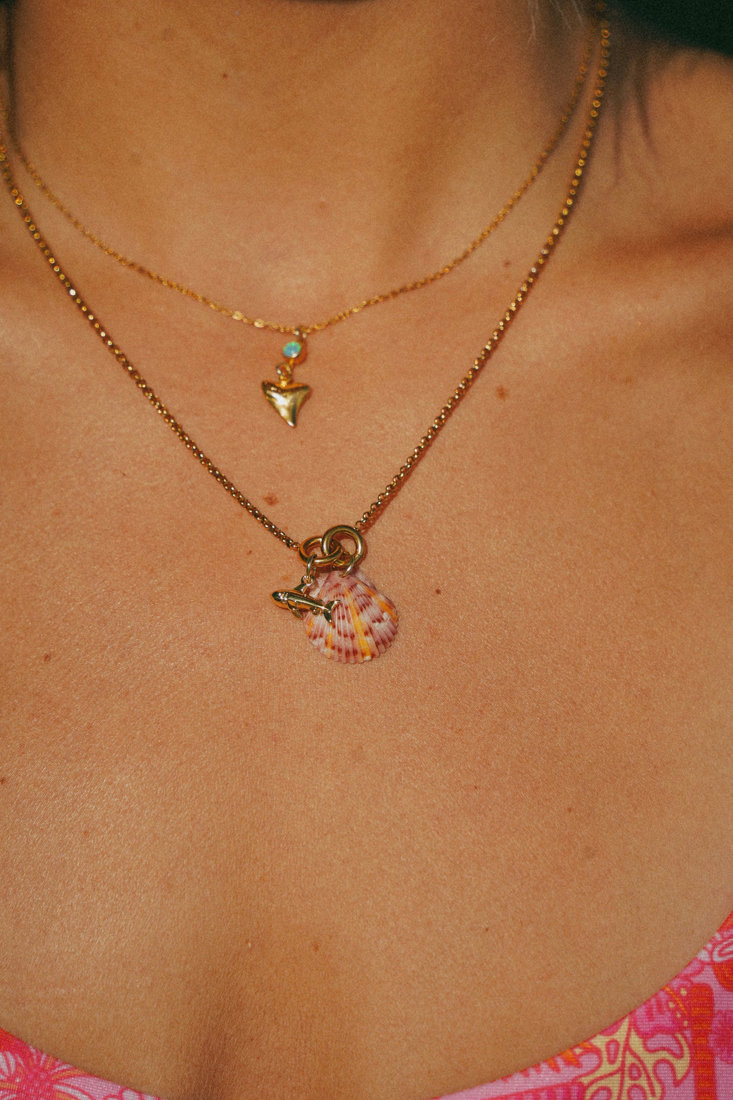 Gold Shell Shock Calico Shell Shark Charm Necklace