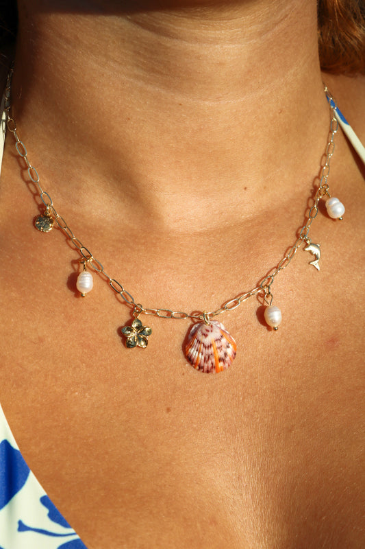 Only One Available- Gold Sun Rays Calico Shell Charm Necklace