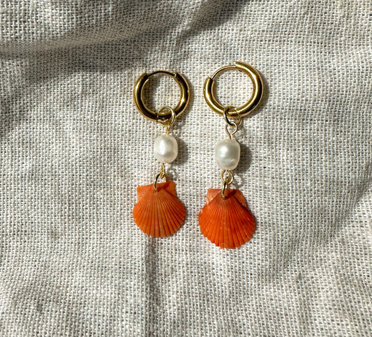 Only one available- Orange Calico Shell Gold Droplet Hoops