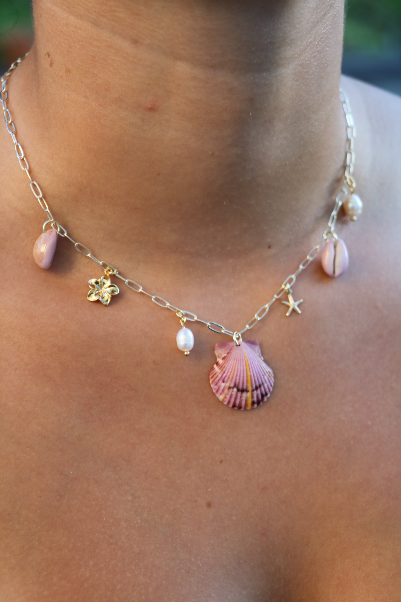 Only One Available- Sunburst Calico Shell Gold Charm Necklace