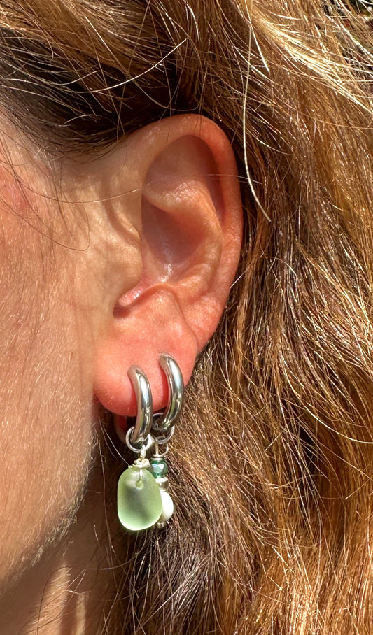 The Lihue Silver Green Sea Glass Hoops