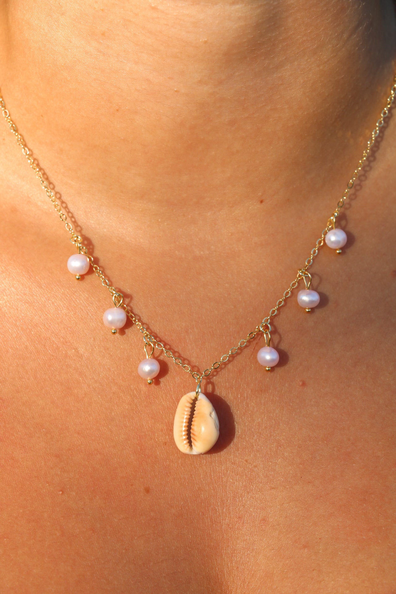 Gold Cowrie Pearl Charm Necklace