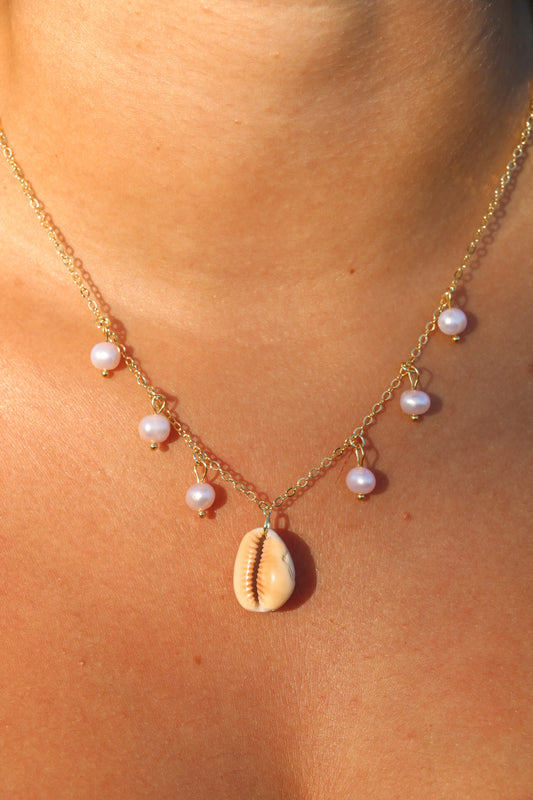 Gold Cowrie Pearl Charm Necklace