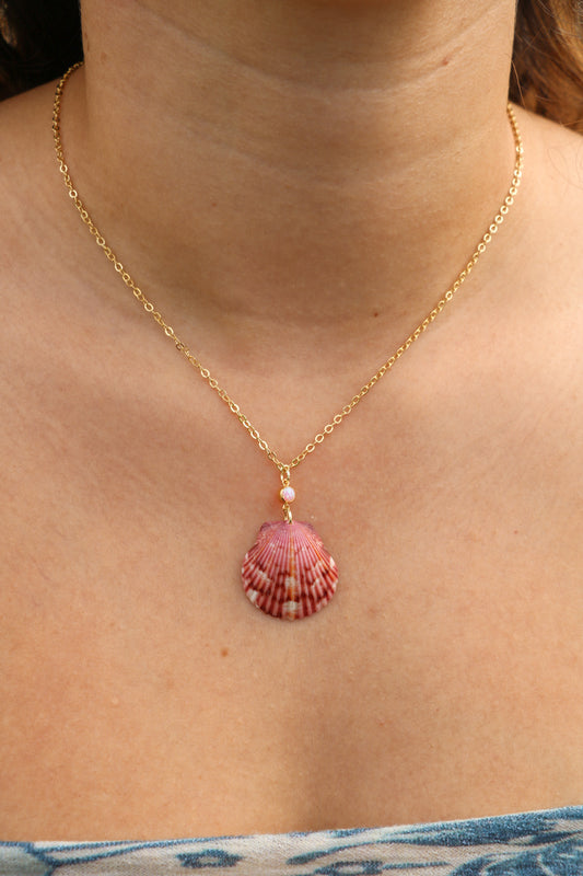 Gold Pink Opal Seashell Necklace