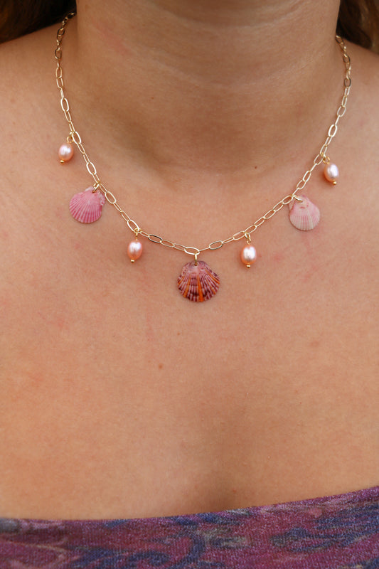 Gold Palm Beach Pink Pearls Charm Necklace