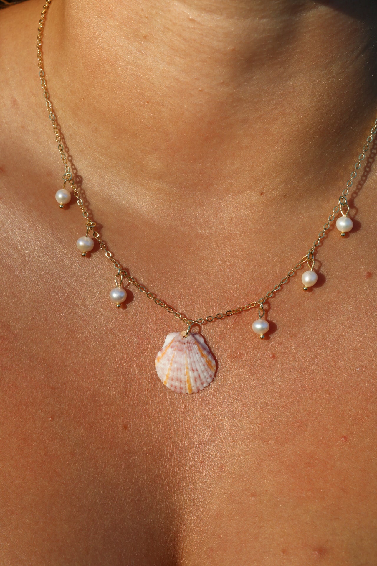 Gold Sun Rays Calico Shell Pearl Charm Necklace