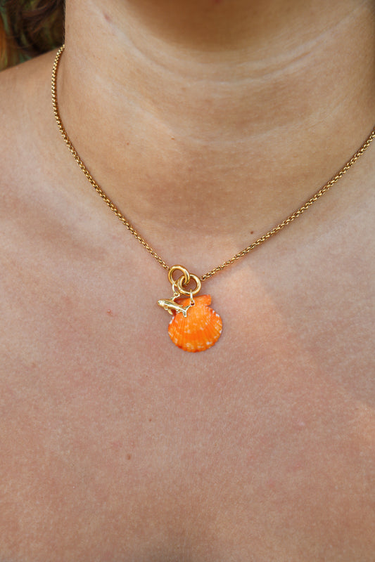 Gold Siesta Orange Calico Shell Shark Necklace