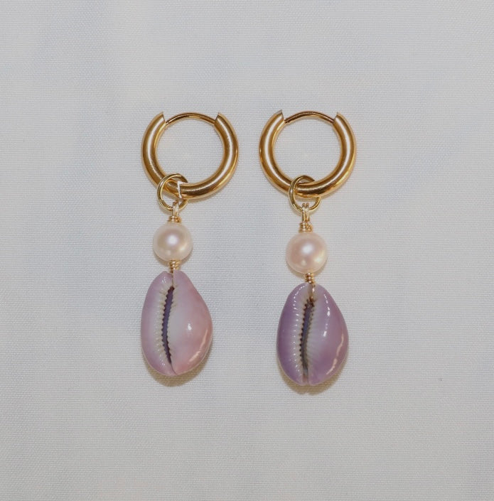 Kaimana Lavender Cowrie Gold Hoops