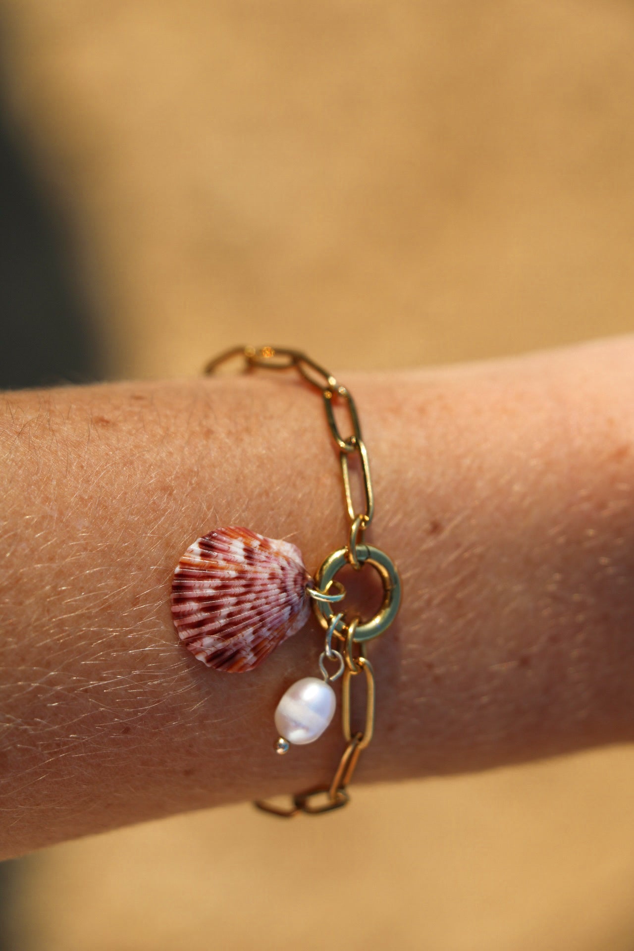 Speckled Calico Shell Gold Charm Bracelet