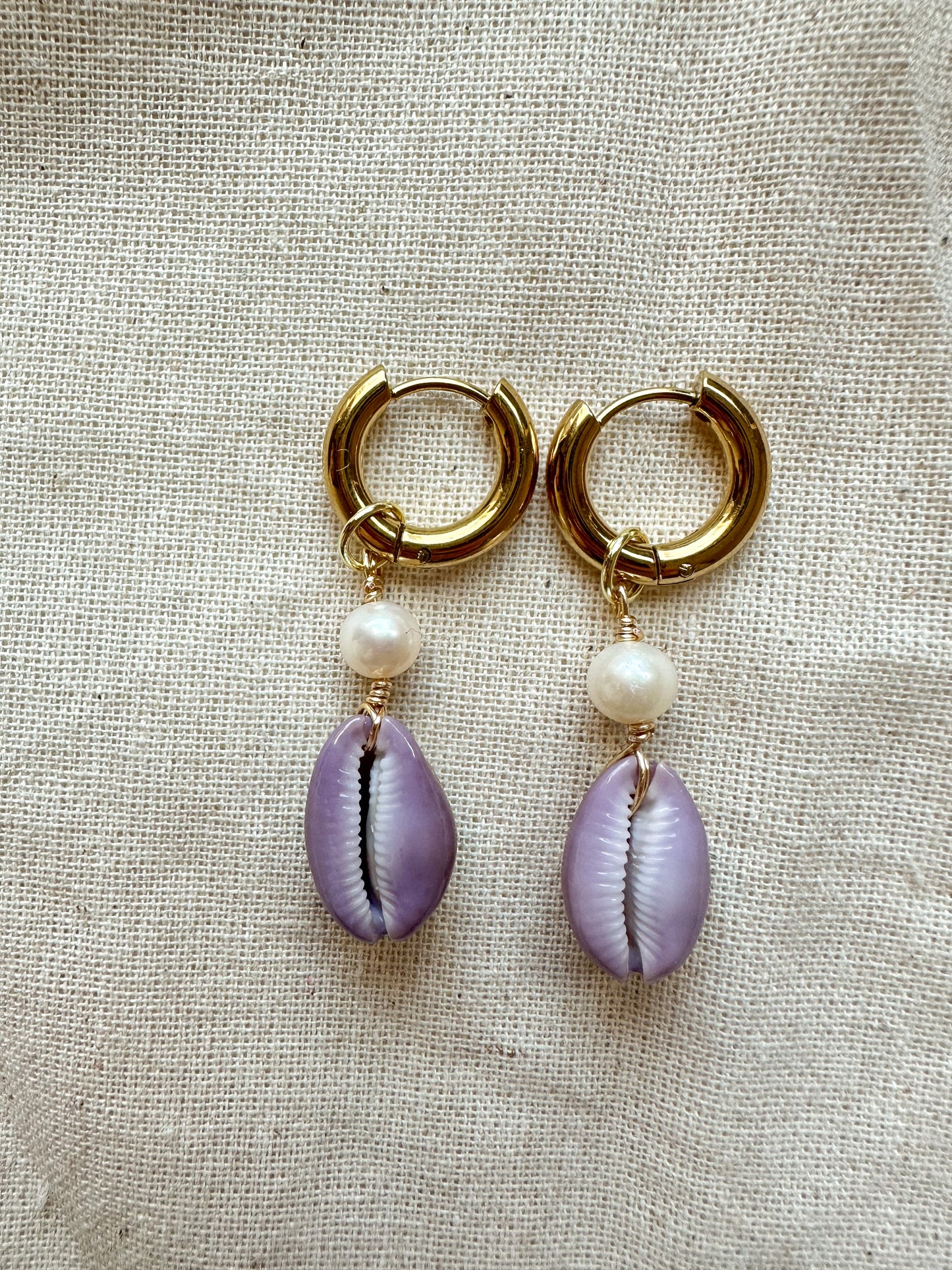 Kaimana Lavender Cowrie Gold Hoops