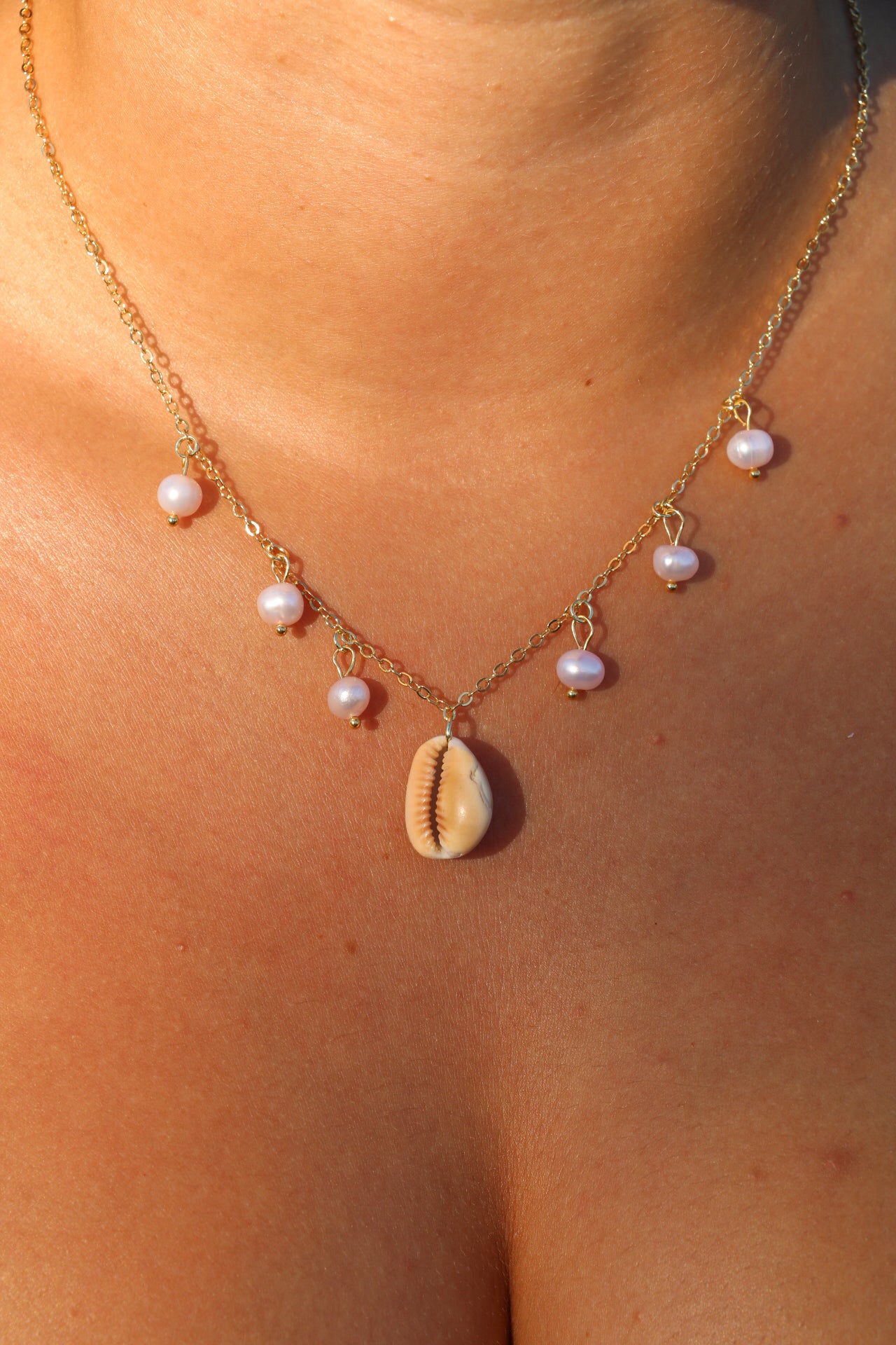 Gold Cowrie Pearl Charm Necklace