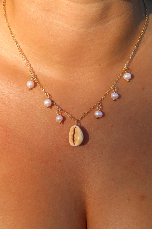 Gold Cowrie Pearl Charm Necklace