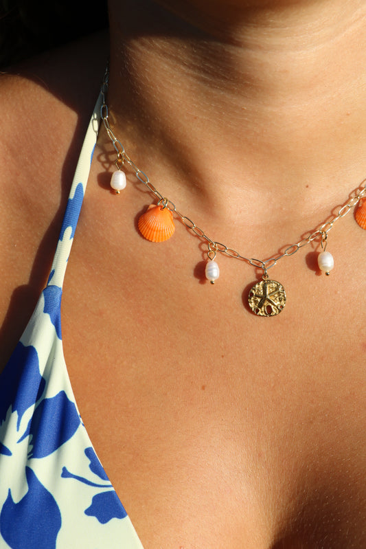 Only One Available- Gold Sand Dollar Orange Calico Shell Charm Necklace