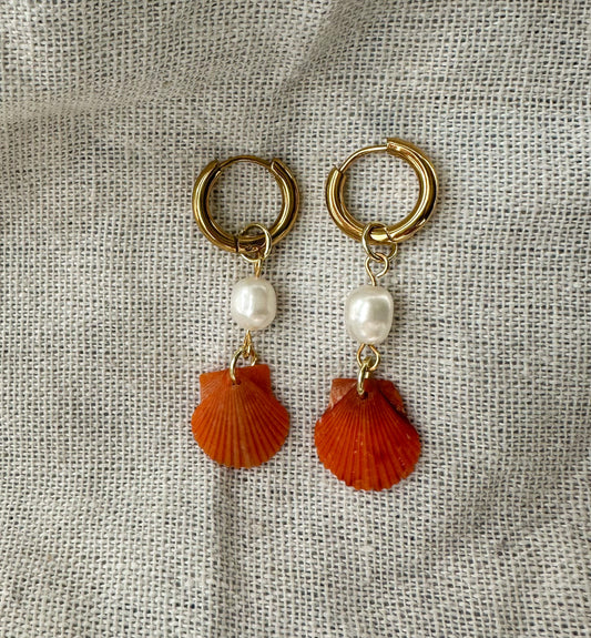 Only one available- Orange Calico Shell Gold Droplet Hoops