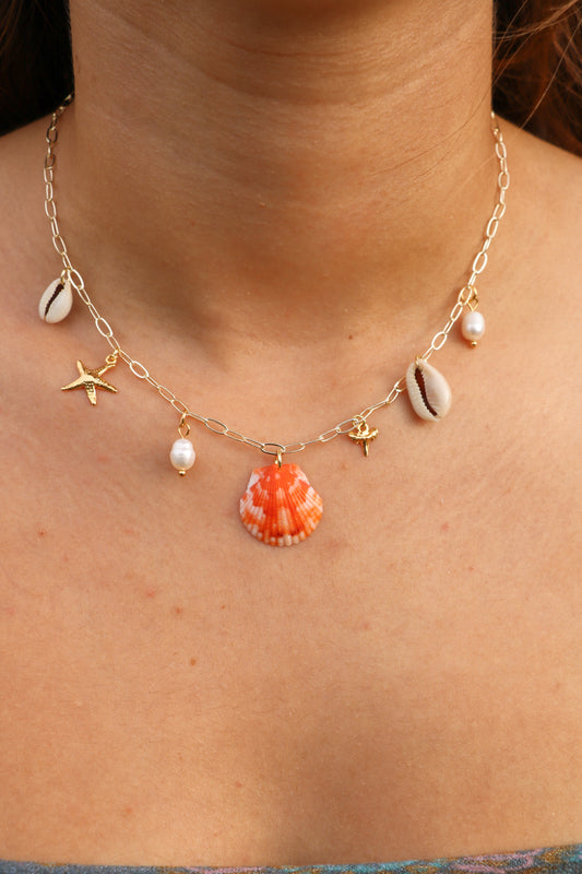 Orange Calico Shell Gold Charm Necklace #2