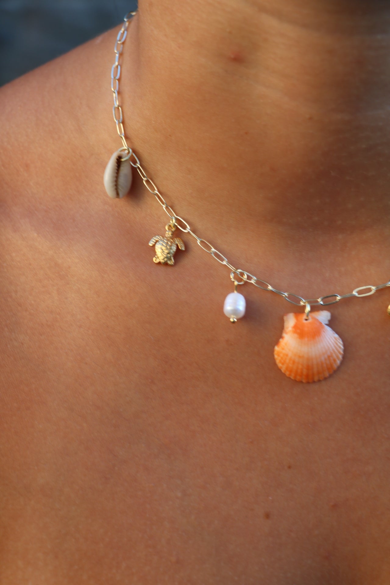 Only one available- Orange Calico Shell Gold Charm Necklace