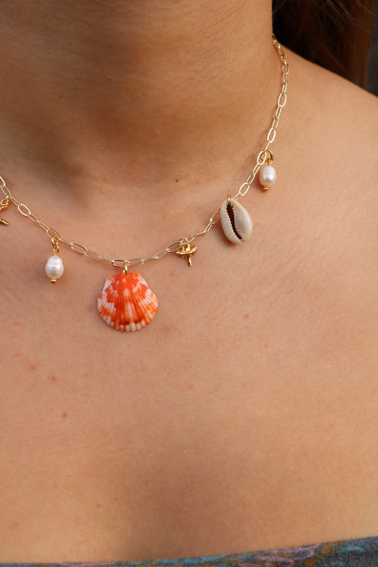 Orange Calico Shell Gold Charm Necklace #2