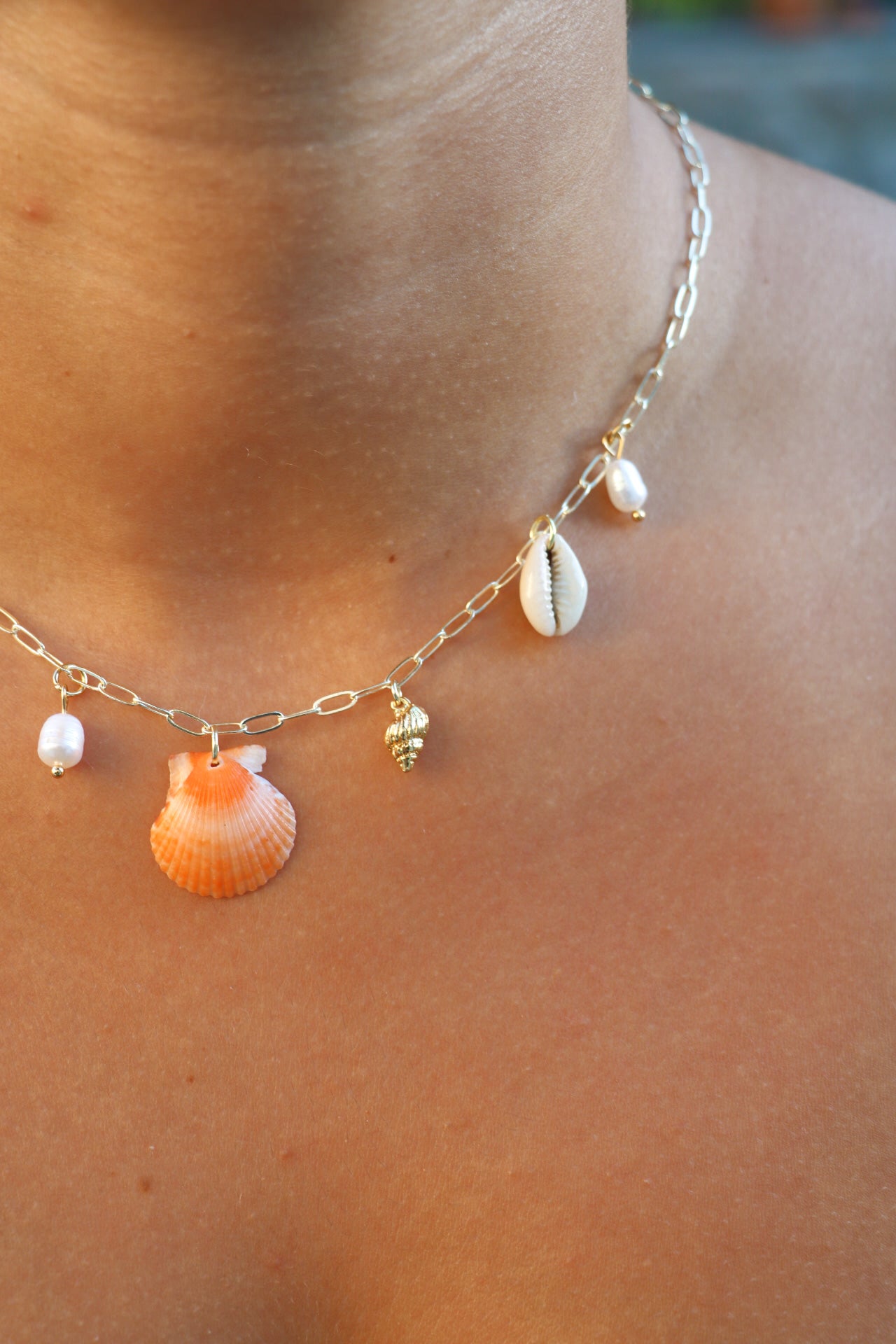 Only one available- Orange Calico Shell Gold Charm Necklace