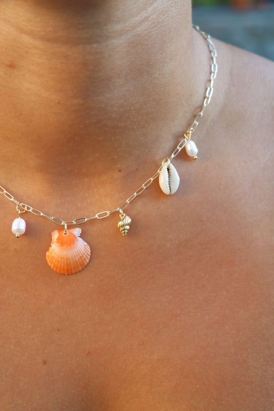 Only one available- Orange Calico Shell Gold Charm Necklace
