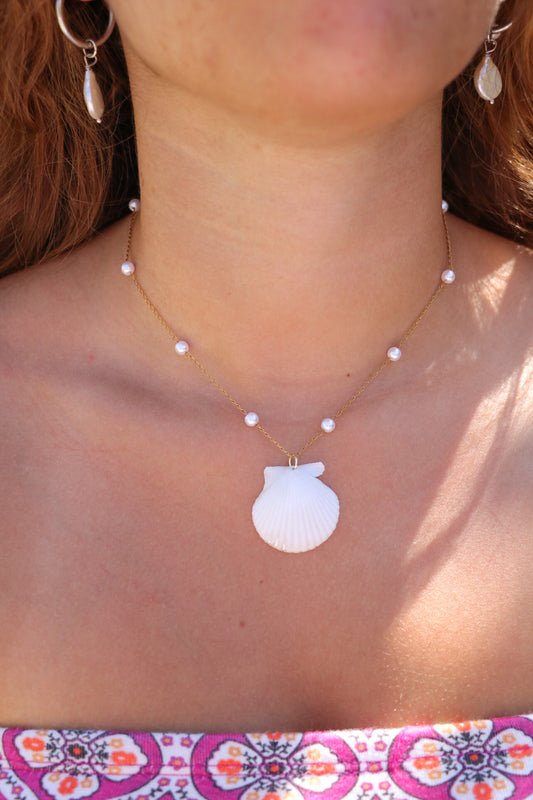 The Sanibel Gold Pearl Beaded White Calico Shell Necklace