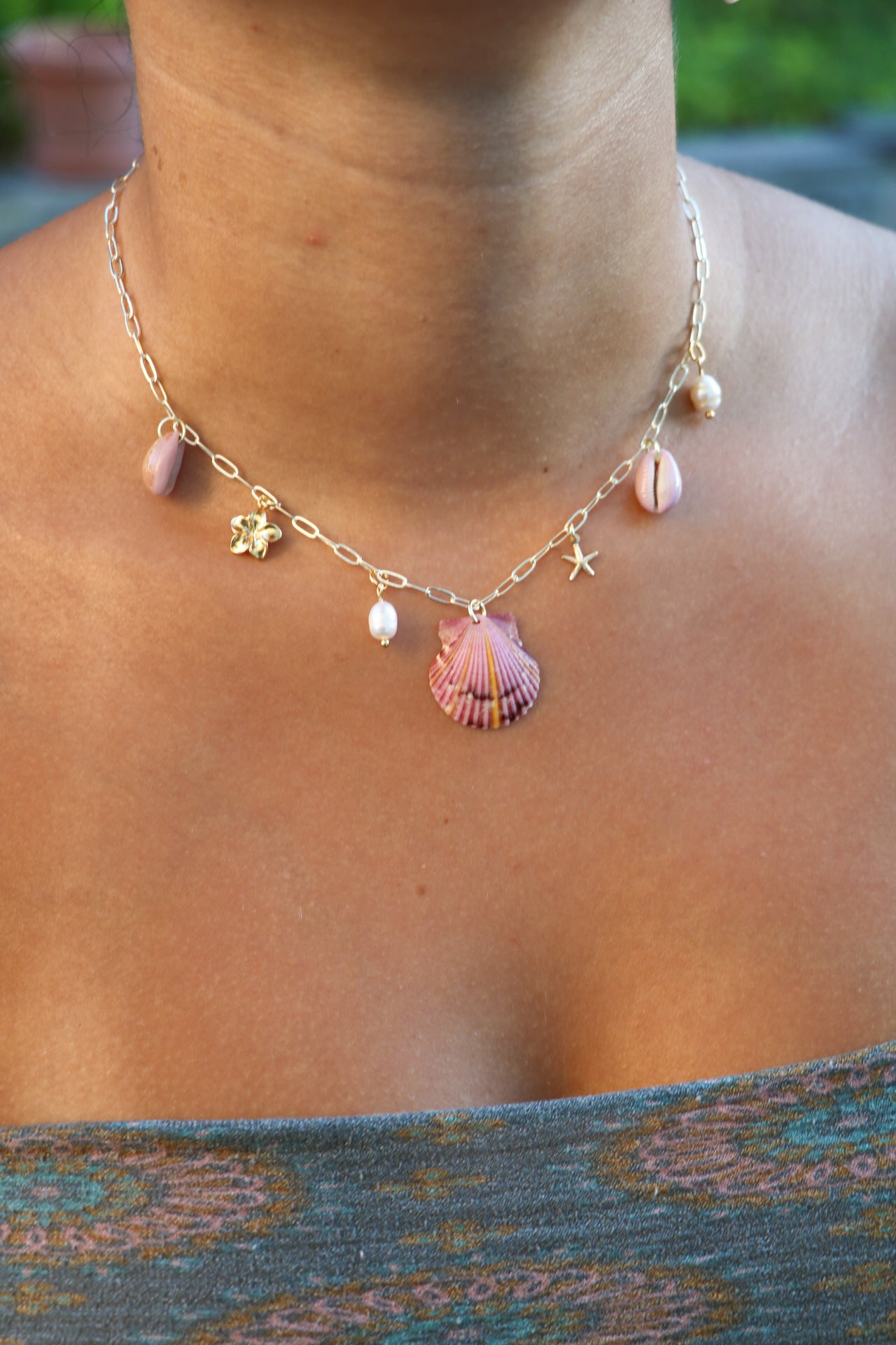 Only One Available- Sunburst Calico Shell Gold Charm Necklace