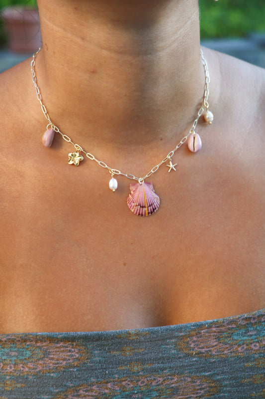 Only One Available- Sunburst Calico Shell Gold Charm Necklace