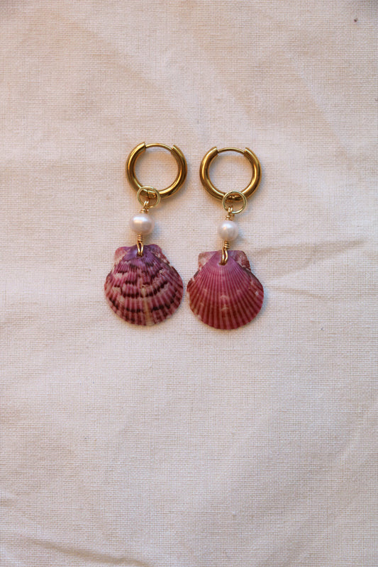 Purple Calico Shell Gold Hoops