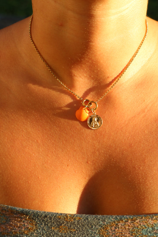 Gold Calico Shell Jesus Medallion Necklace