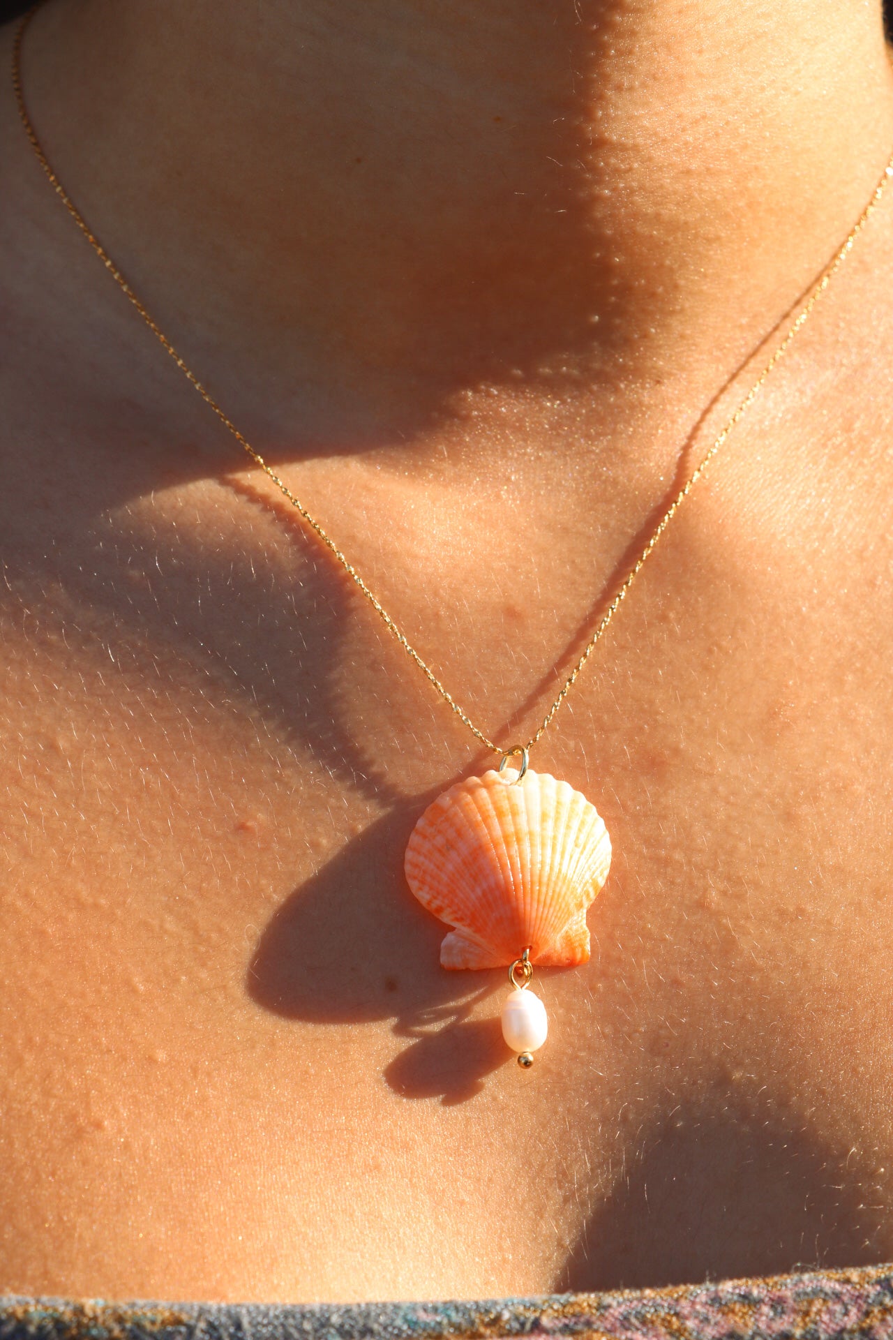 Orange Calico Shell Gold Necklace #3