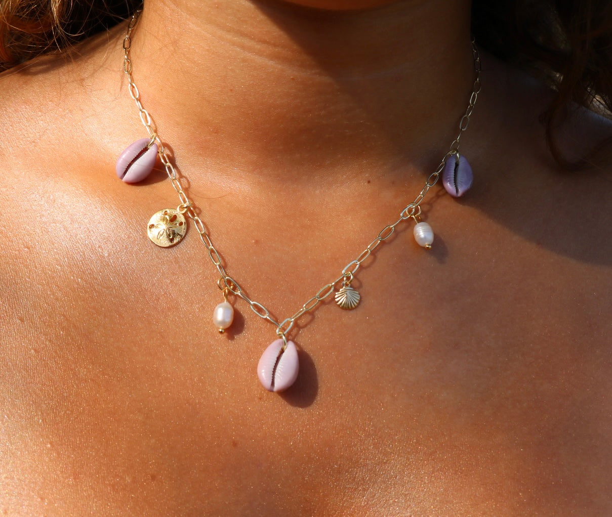 The Haleiwa Lavender Cowrie Gold Charm Necklace