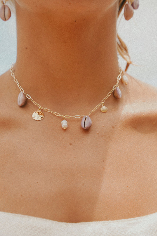 The Haleiwa Lavender Cowrie Gold Charm Necklace