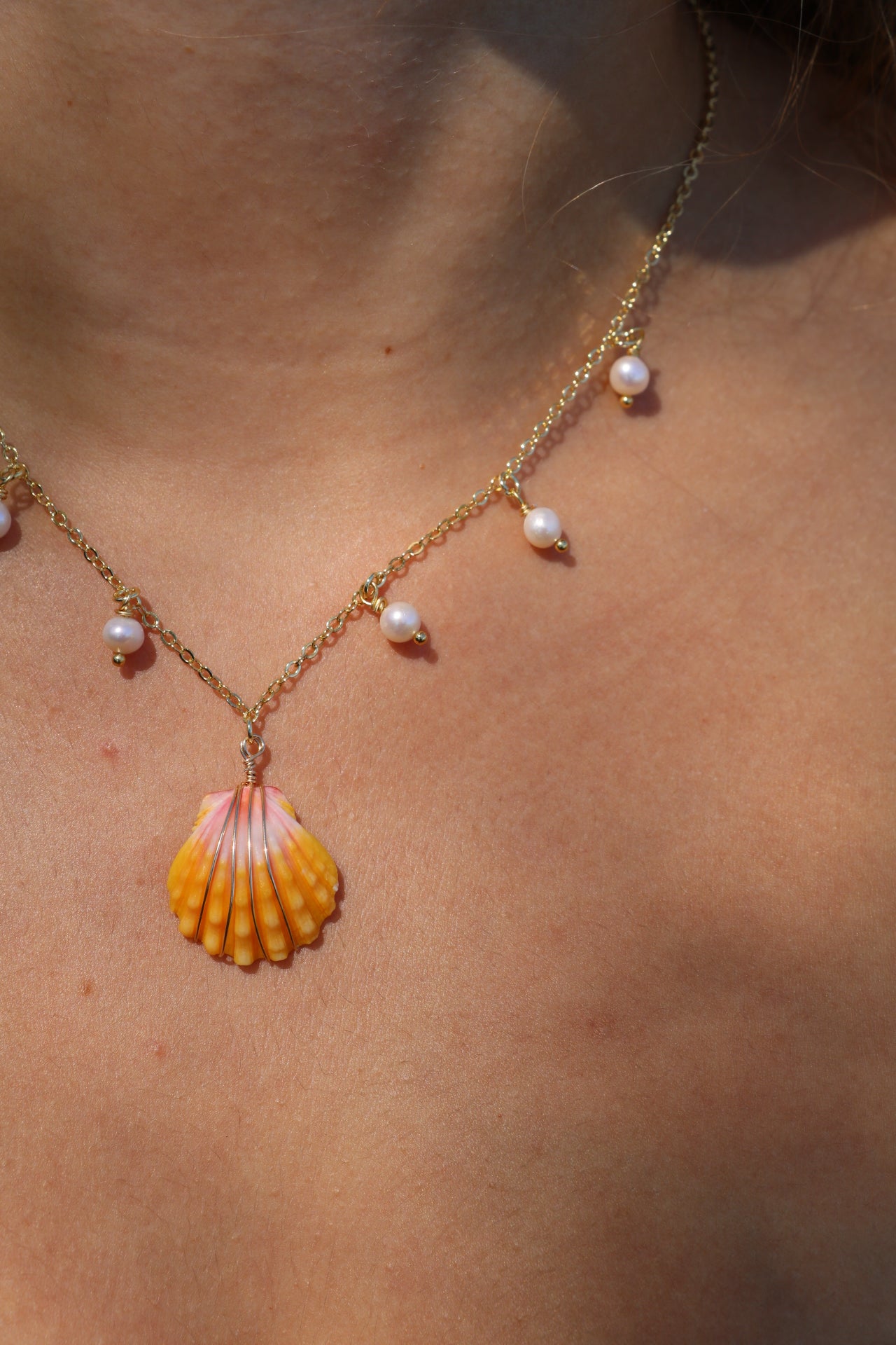 Gold Sunrise Shell Pearl Charm Necklace