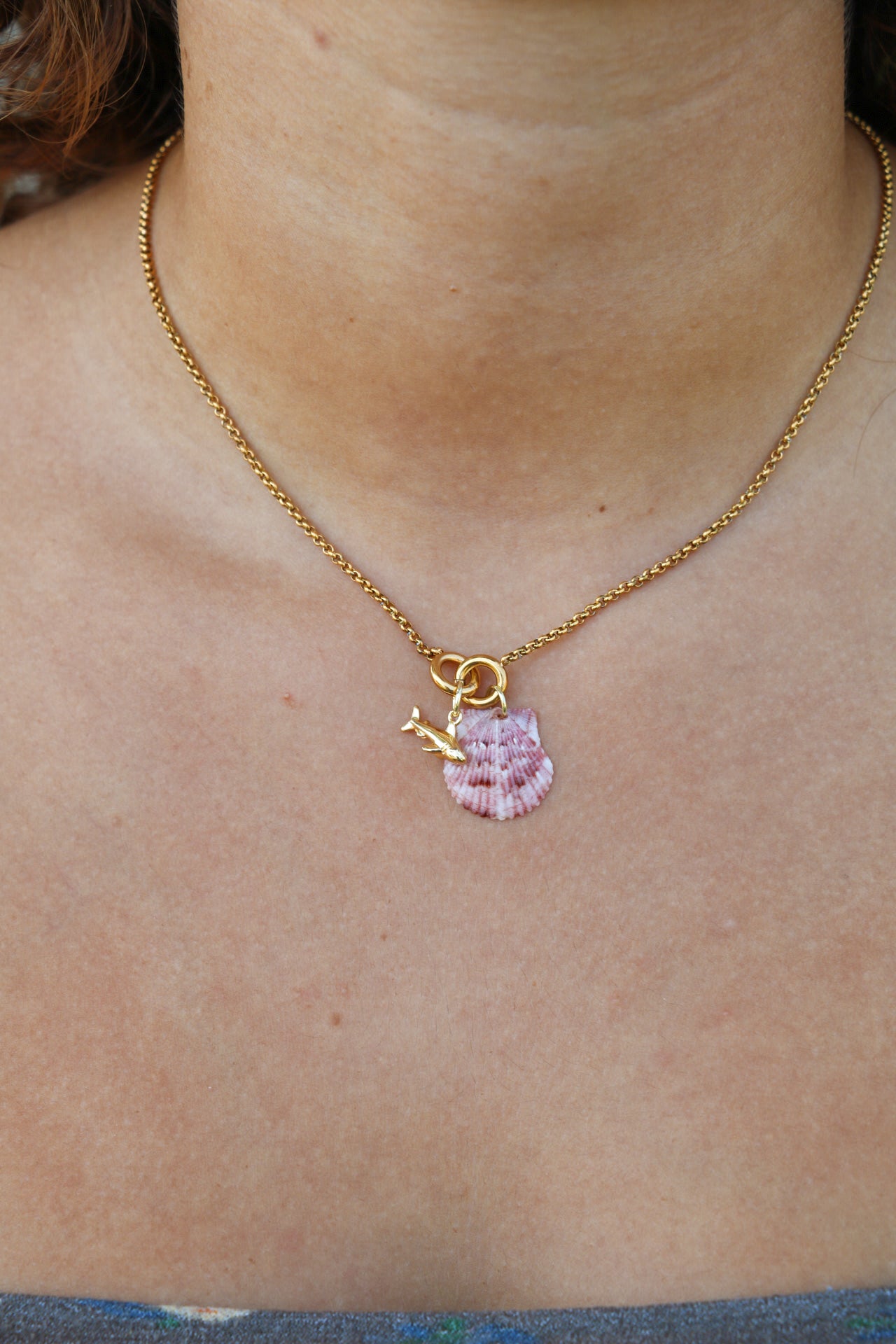 Gold Shell Shock Calico Shell Shark Charm Necklace