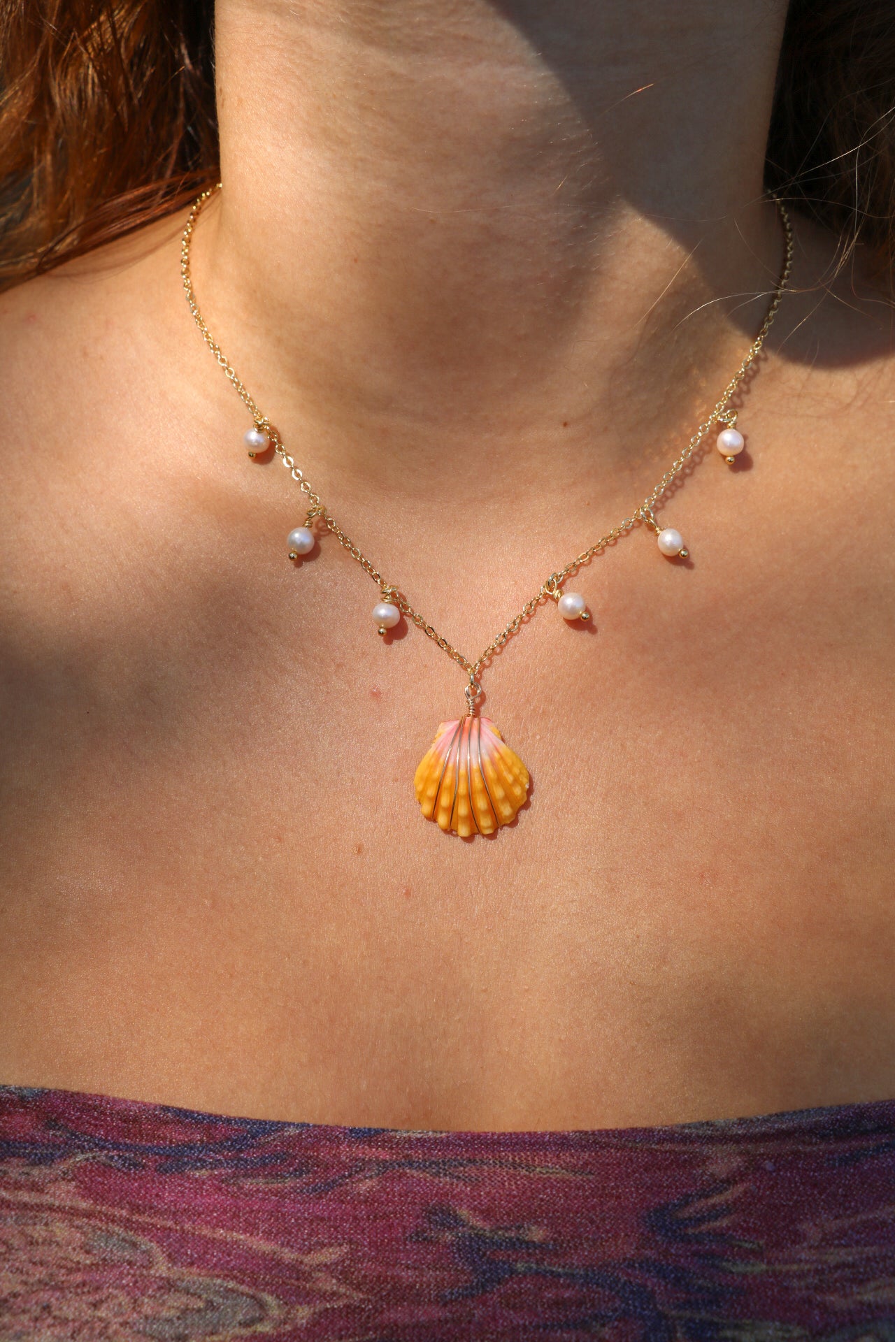Gold Sunrise Shell Pearl Charm Necklace